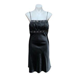 Y2K Vintage Satin Cocktail Slip Dress Black Silver Rhinestones